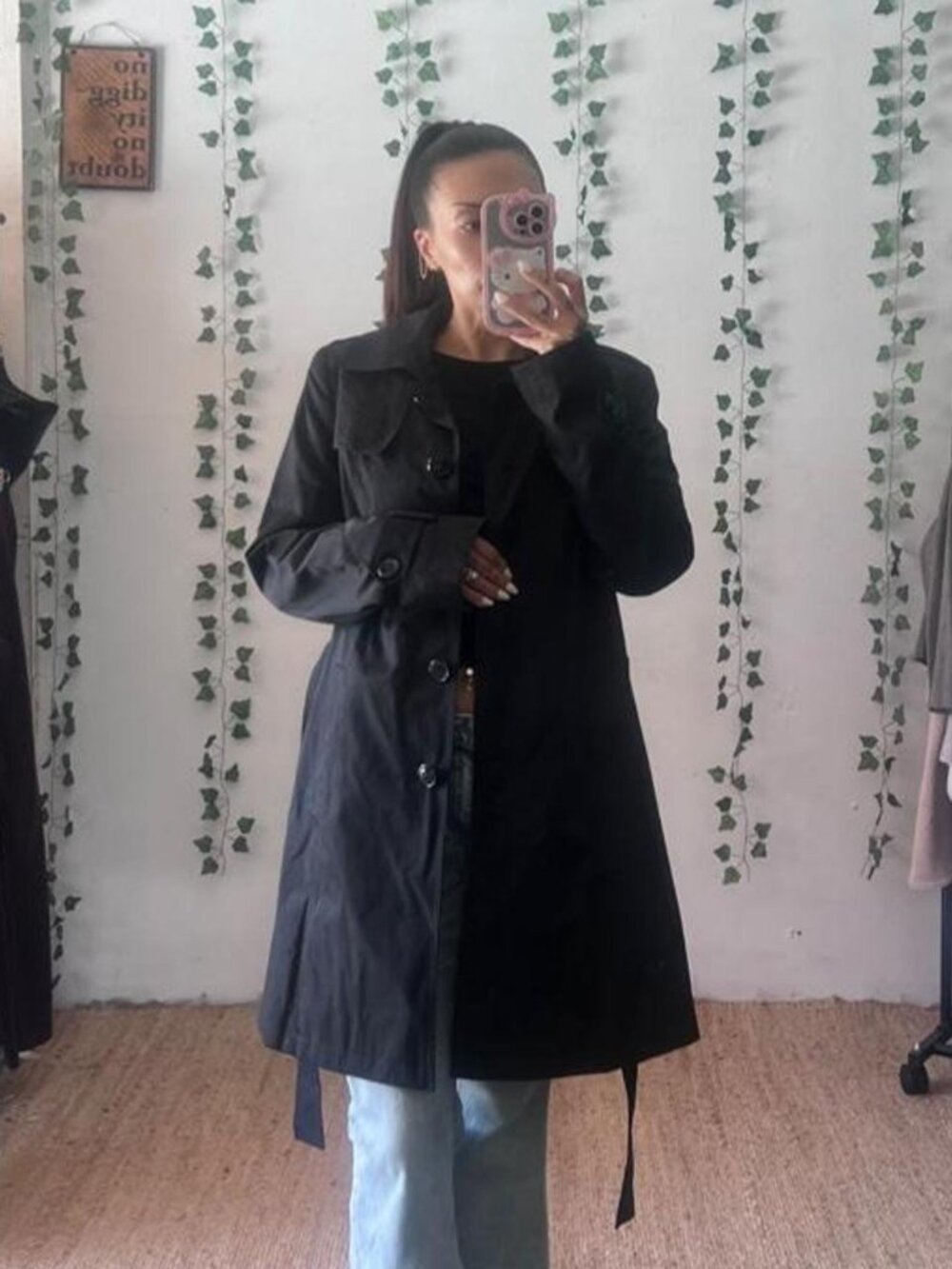 DKNY black lined trench coat with belt size large